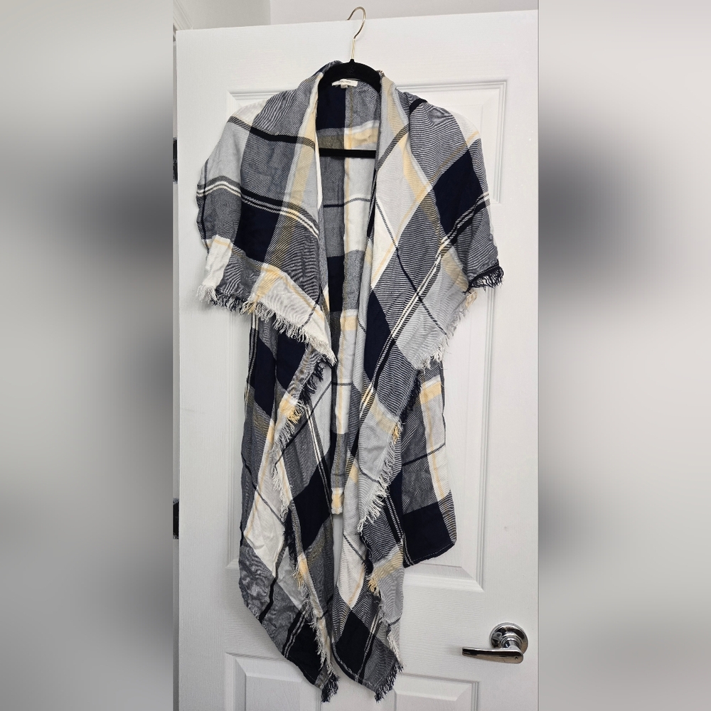 Maurices Checkered Fringe Vest - Navy, White, Yellow.  Large
